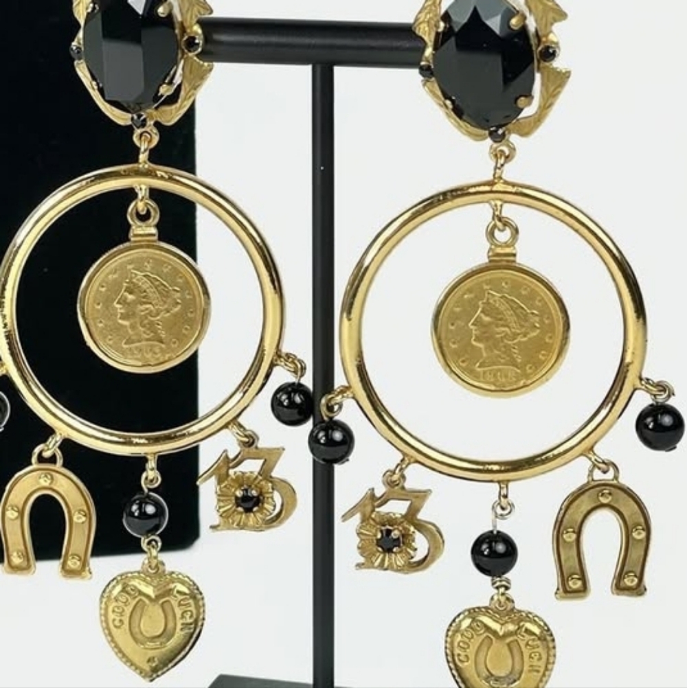 Authentic Dolce & Gabbana Gold and Black Charm Clip On Earrings